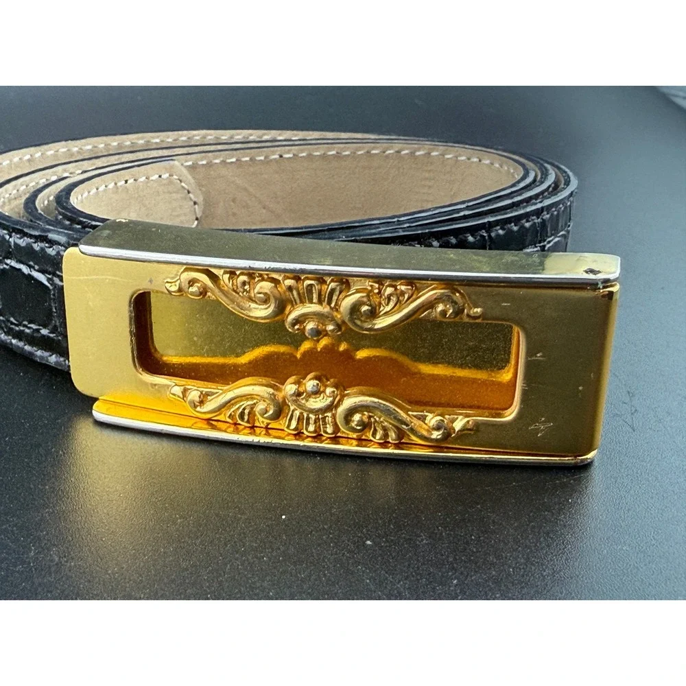 Vintage Black Croc Embossed Leather Belt Ornate Gold Buckle Spain Pat .75x35